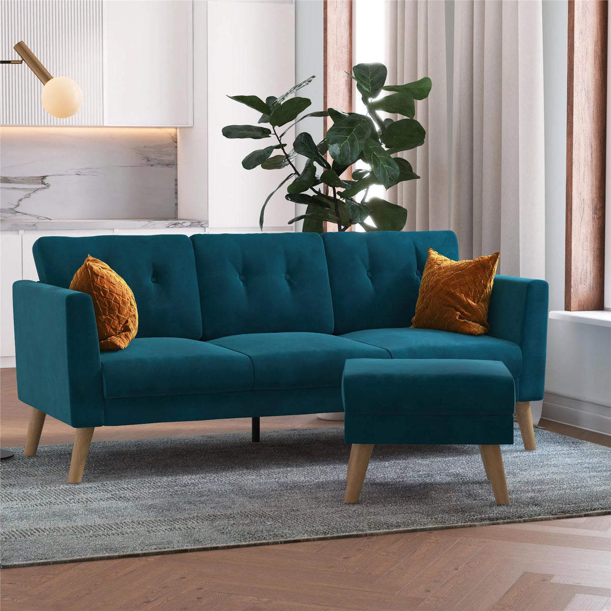 Blue Velvet Upholstered Sectional Sofa with Ottoman W5771