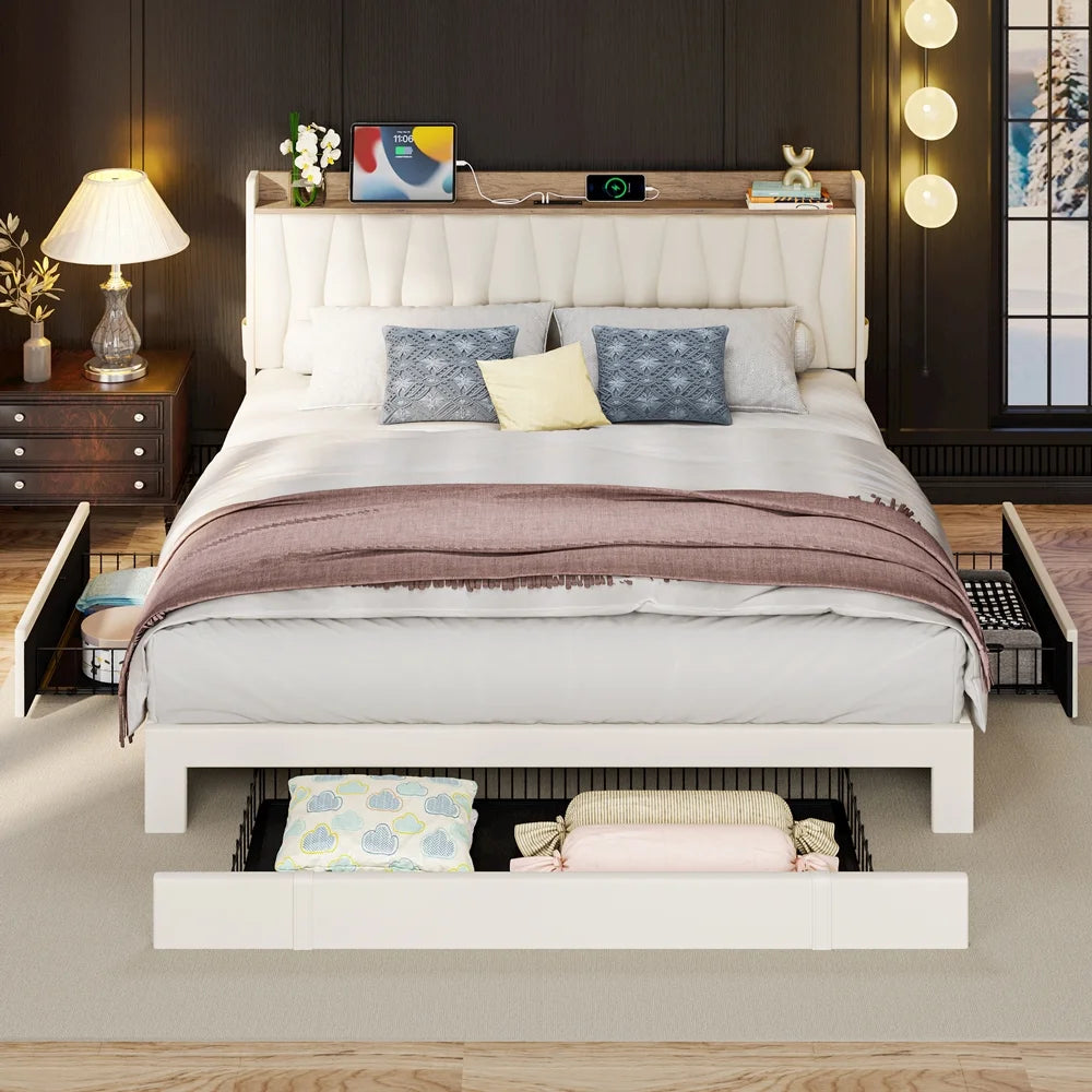 Queen Bed Frame with Upholstered Storage Headboard, 3 Drawers H50452