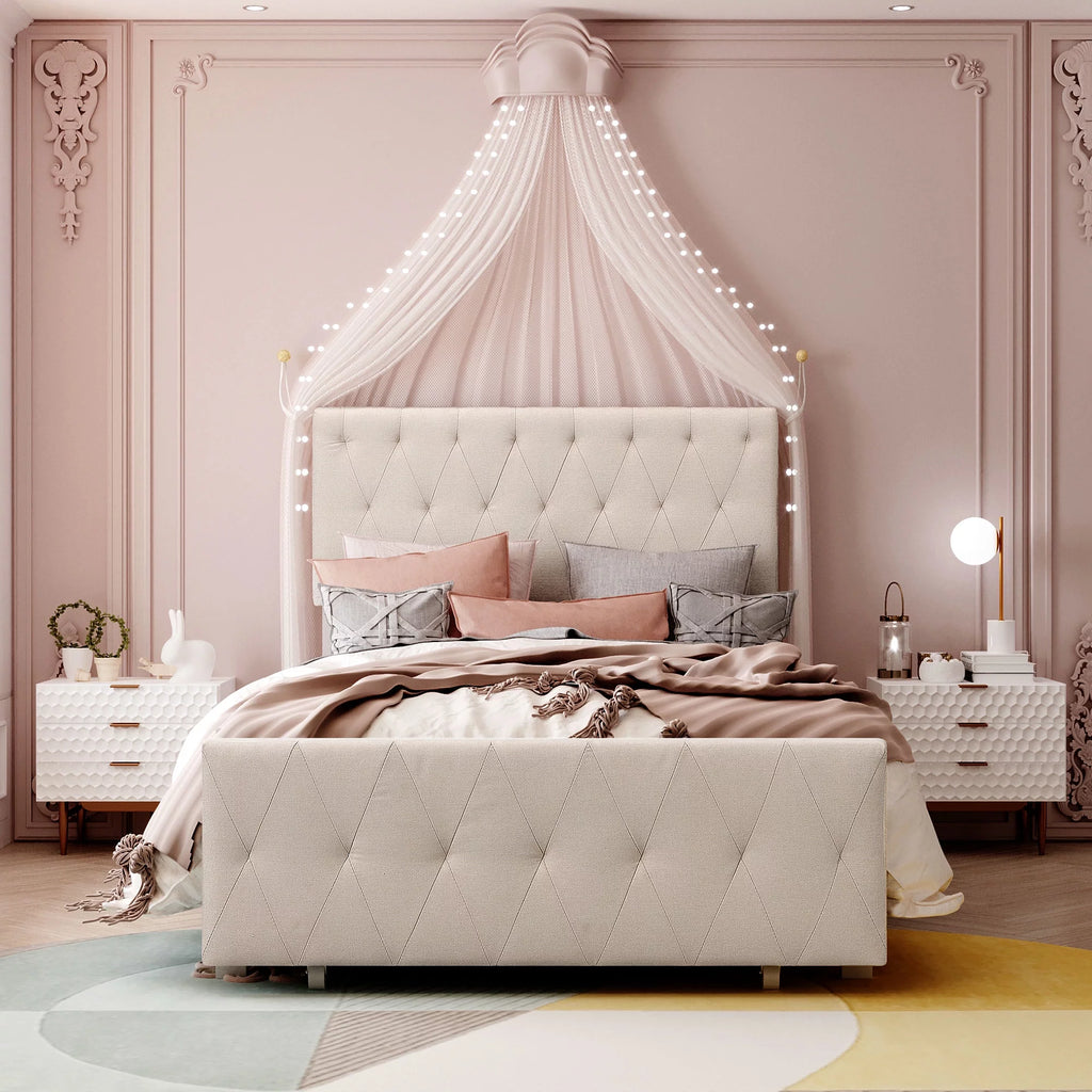 Twin Size Beige Linen Upholstered Metal Platform Bed with Storage Drawer U457