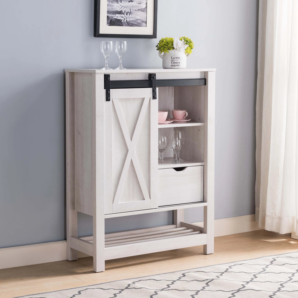 White Oak Sliding Barn Door Wine Cabinet with Drawer S241