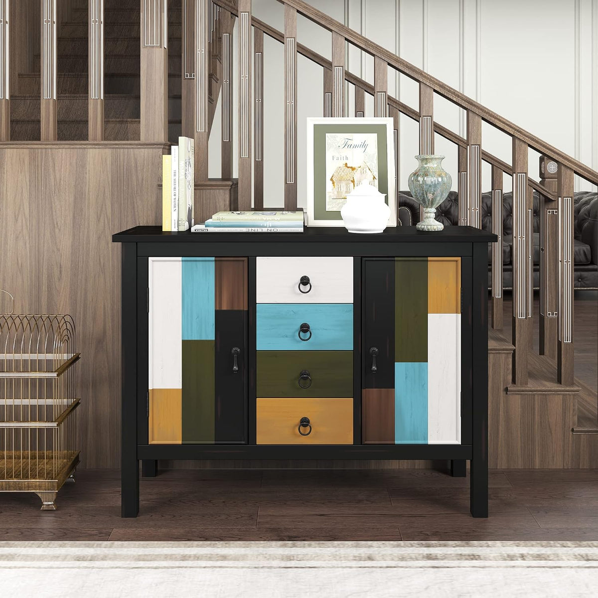 Modern Wooden Console Table with 2 Drawers, 2 Cabinets and 1 Shelf N46713