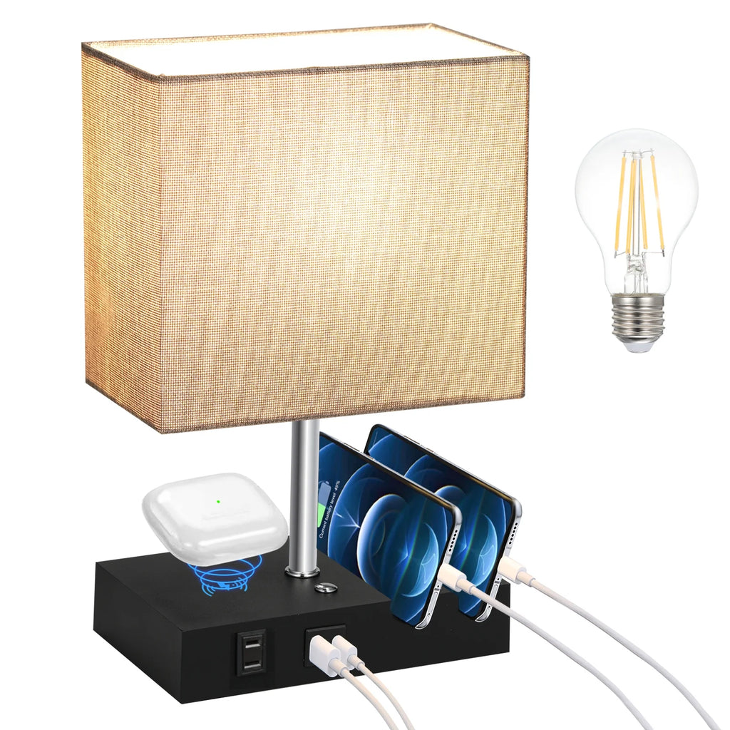 Touch Control Dimmable Bedside Table Lamp with USB C+A Ports and Grey Fabric Shade Z283869