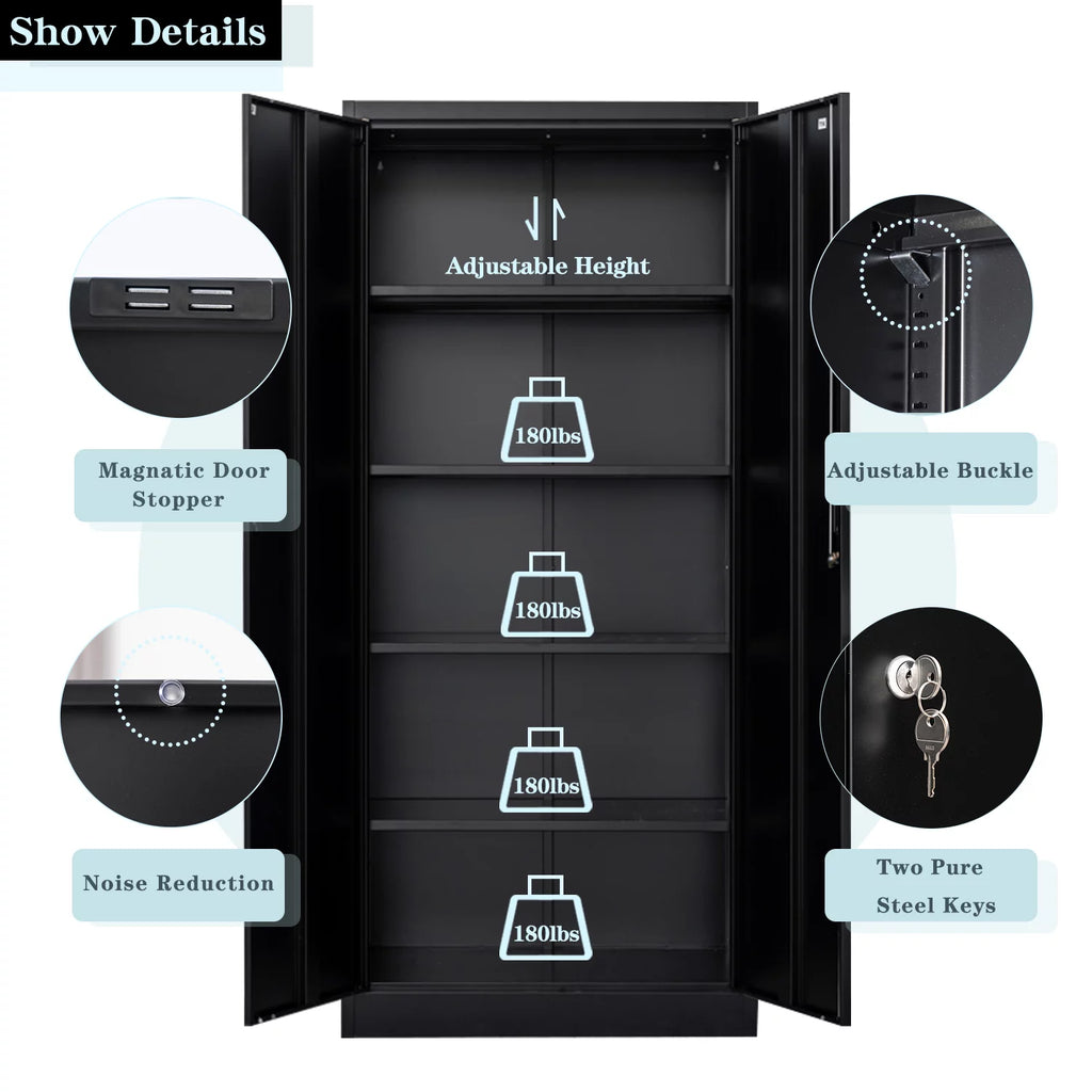 71" Black Metal Storage Cabinet with Lock and 4 Adjustable Shelves M8243