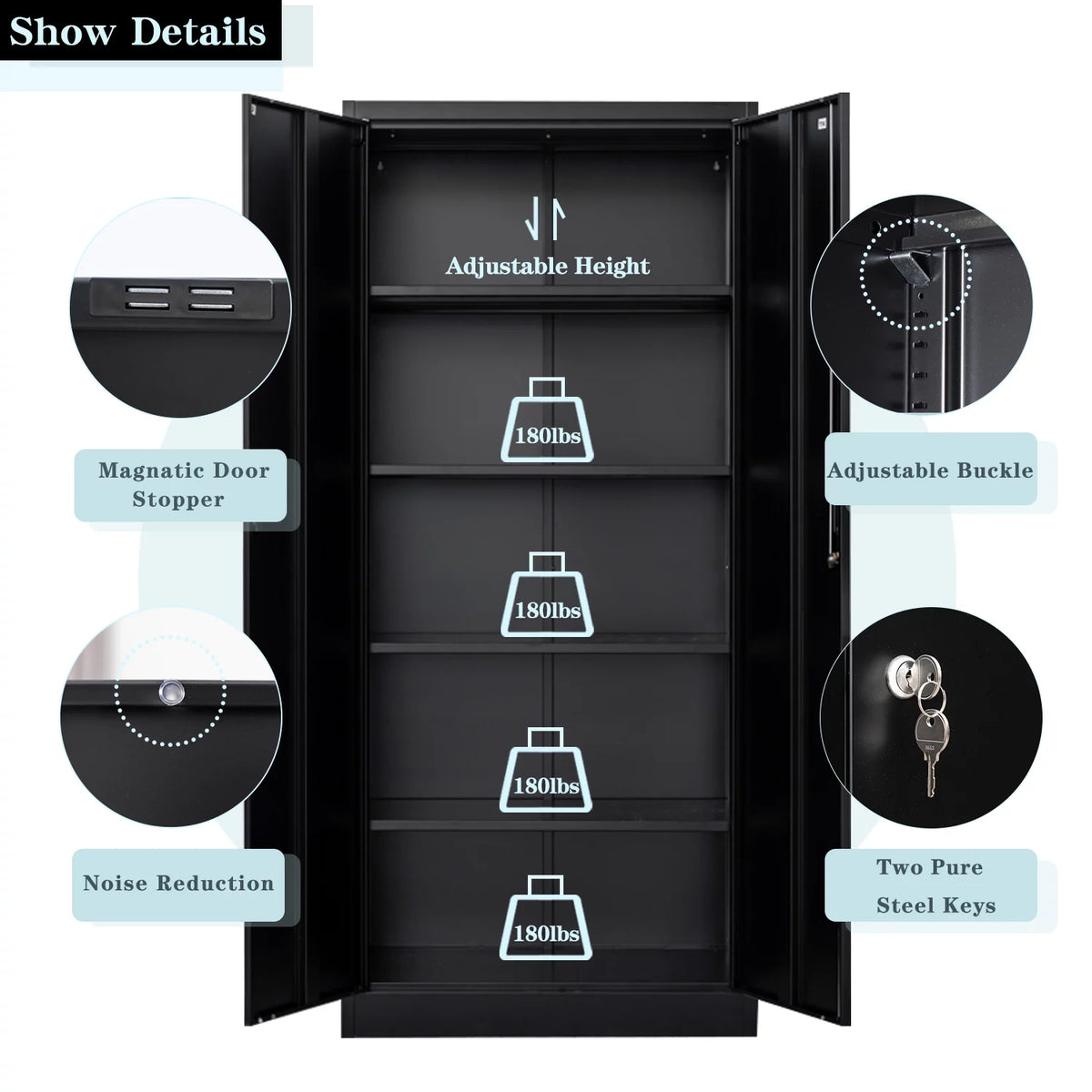 71" Black Metal Storage Cabinet with Lock and 4 Adjustable Shelves M8243