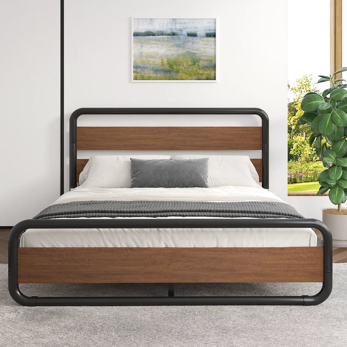 Walnut Queen Size Metal Platform Bed Frame with Wooden Headboard H34926