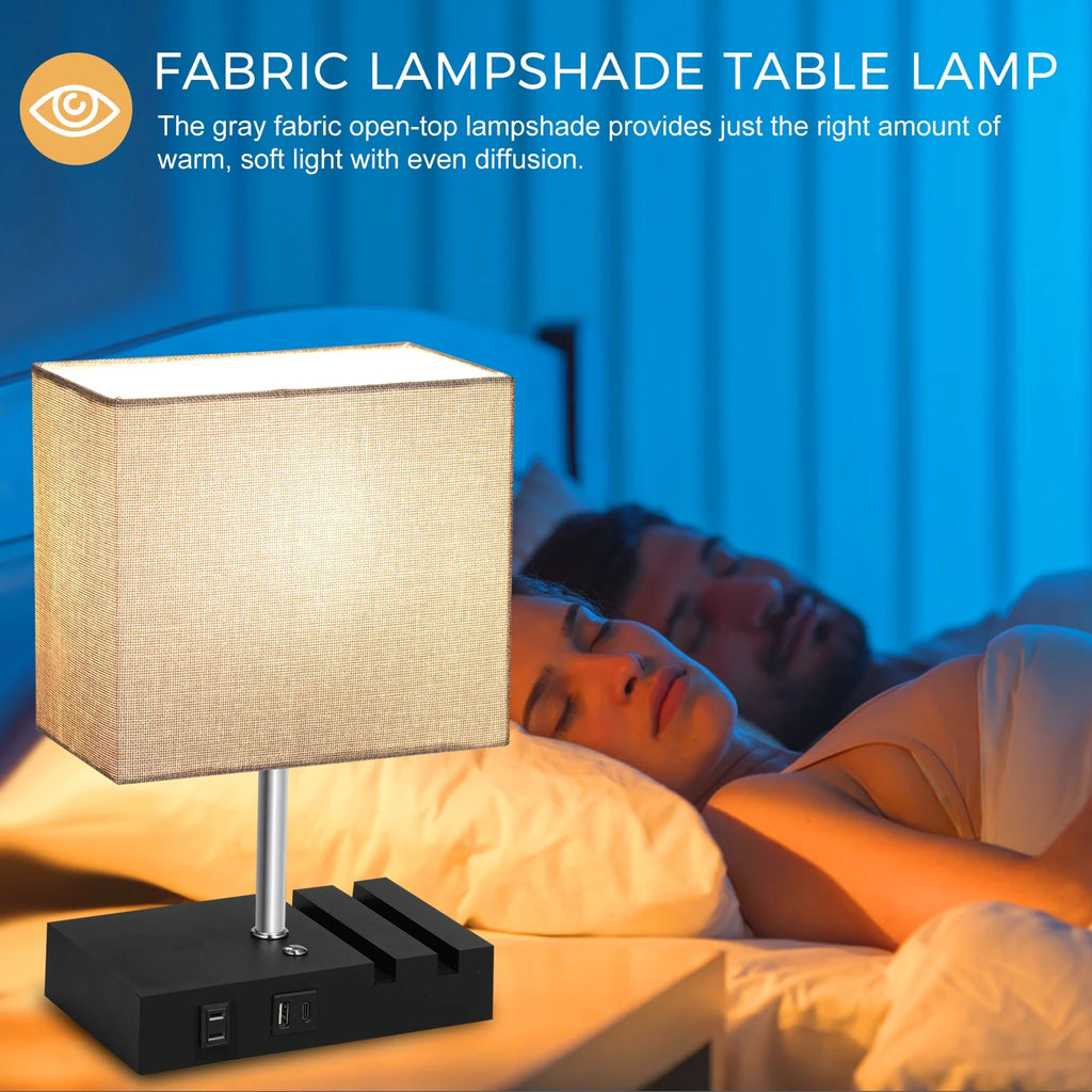 Touch Control Dimmable Bedside Table Lamp with USB C+A Ports and Grey Fabric Shade Z283869