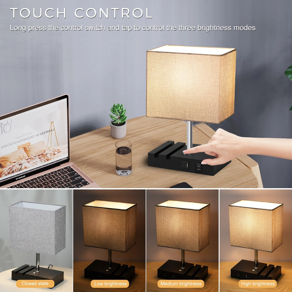 Touch Control Dimmable Bedside Table Lamp with USB C+A Ports and Grey Fabric Shade Z283869