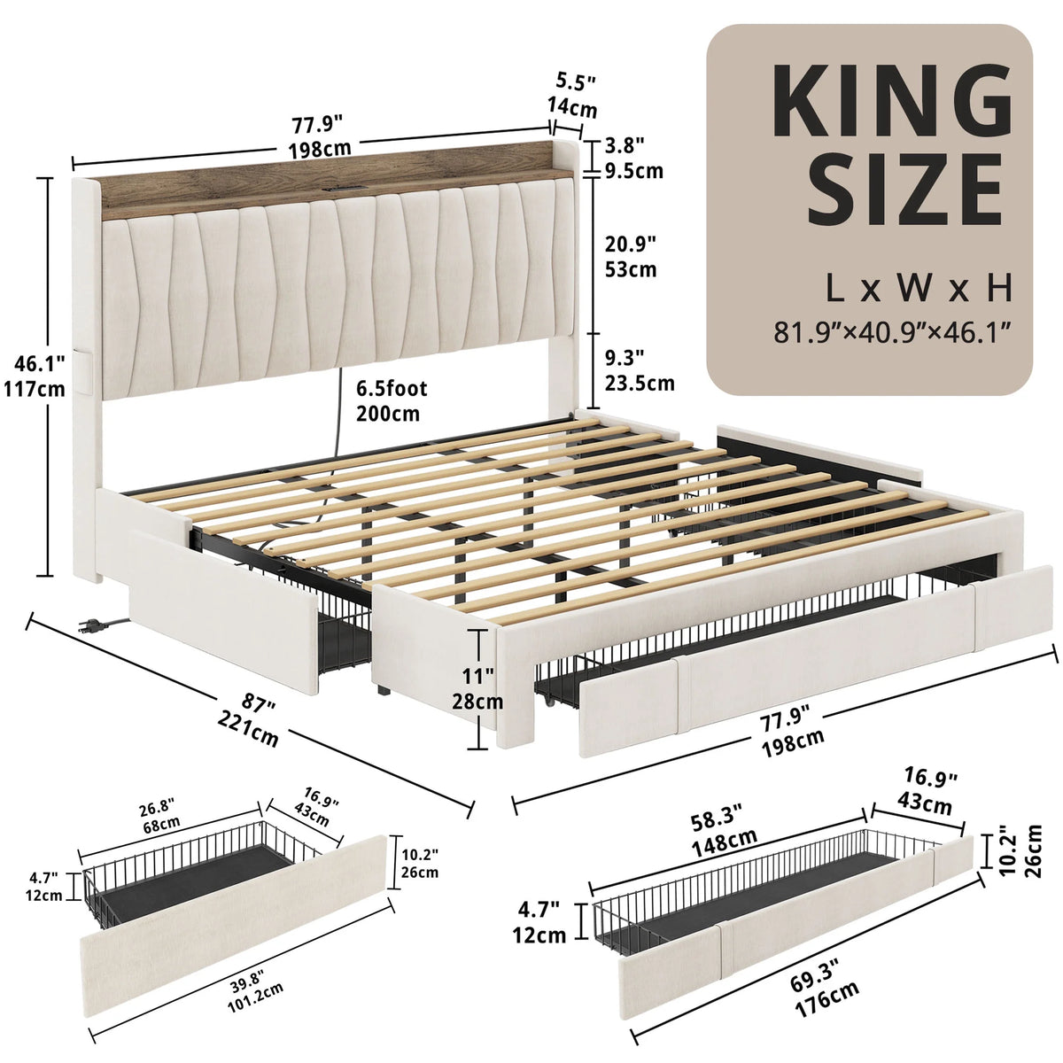 Queen Bed Frame with Upholstered Storage Headboard, 3 Drawers H50452