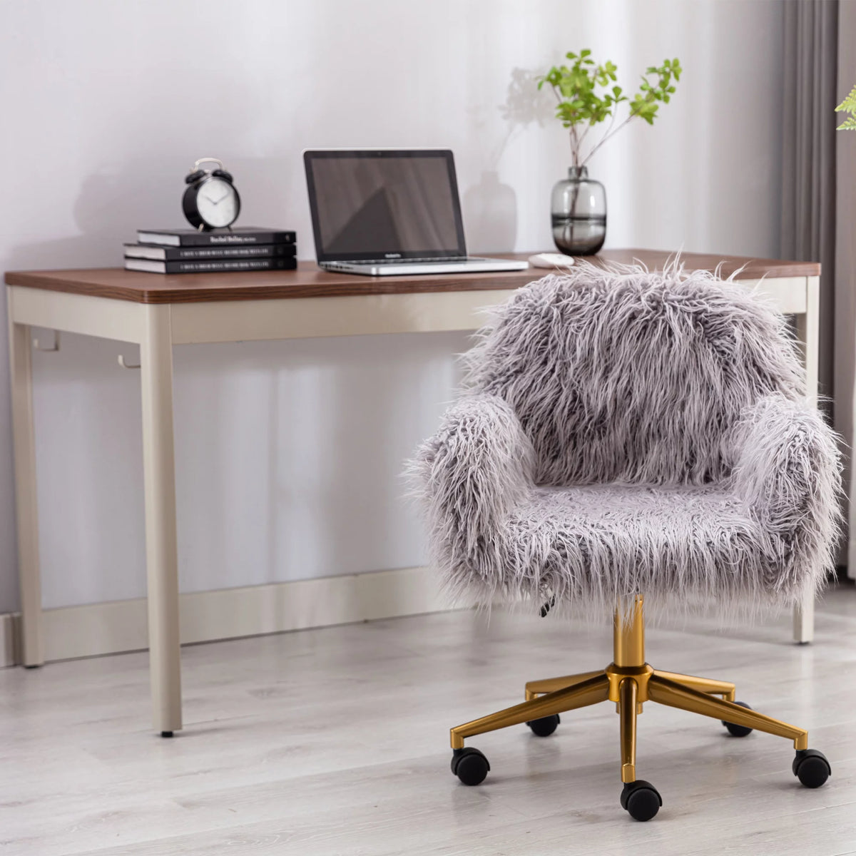 Gray Faux Fur Upholstered Swivel Vanity Chair O4386