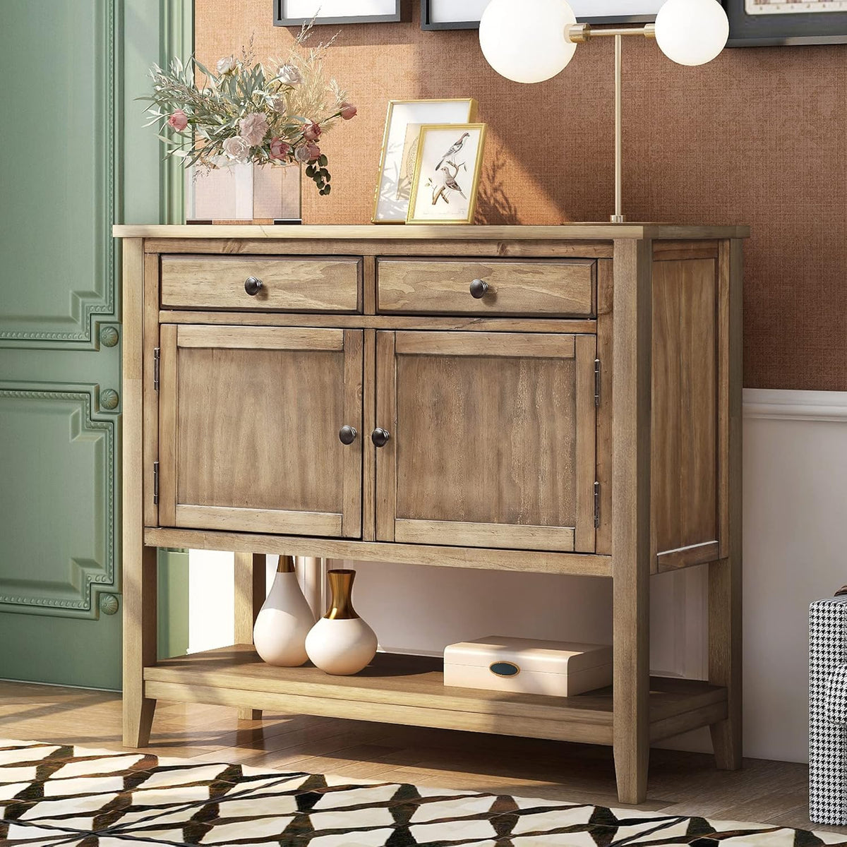 Modern Wooden Console Table with 2 Drawers, 2 Cabinets and 1 Shelf N46713