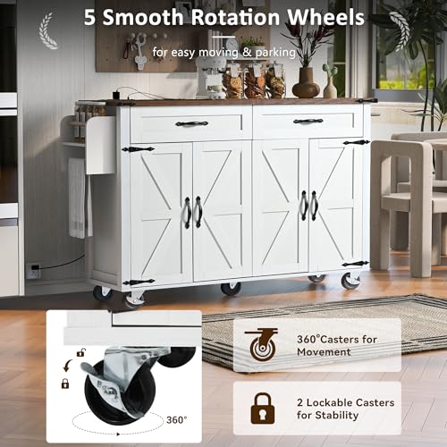 White Kitchen Island with Drop Leaf, 2 Drawers, Power Outlet, Spice Rack, Rolling Cart on Wheels E39740