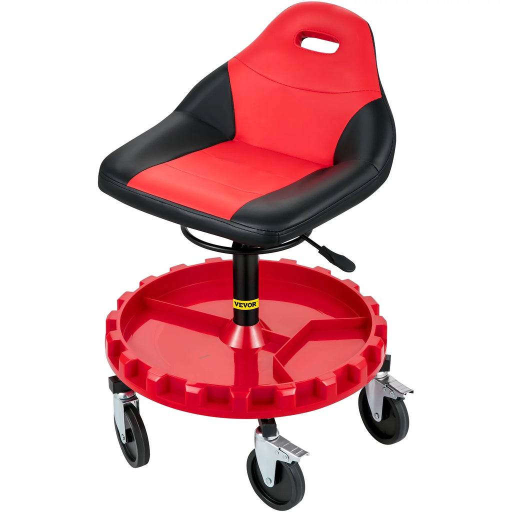 Rolling Garage Stool, 300lbs Capacity, Adjustable Height, Swivel Wheels, Tool Tray, Red U514863