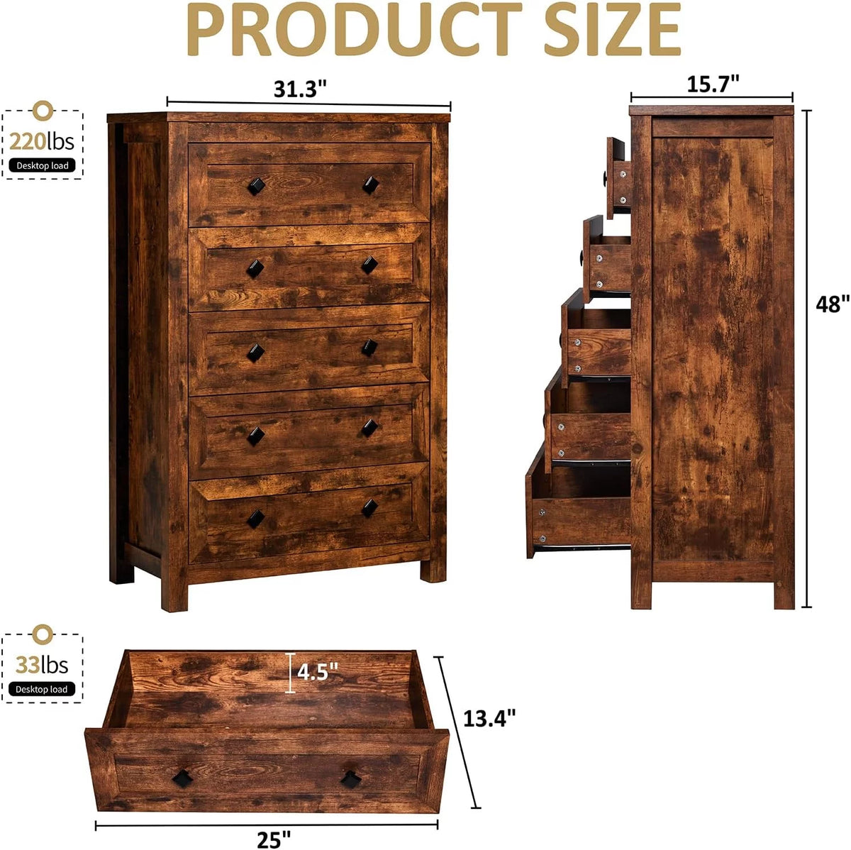 Farmhouse 5 Drawers Wood Dresser S829