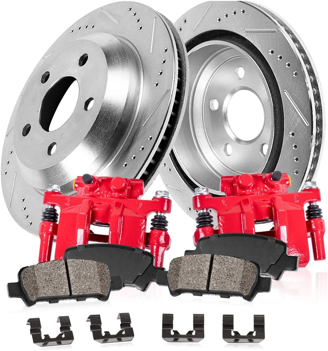 Powder Coated Red Calipers Drilled Slotted Rotors Ceramic Brake Pads B1626