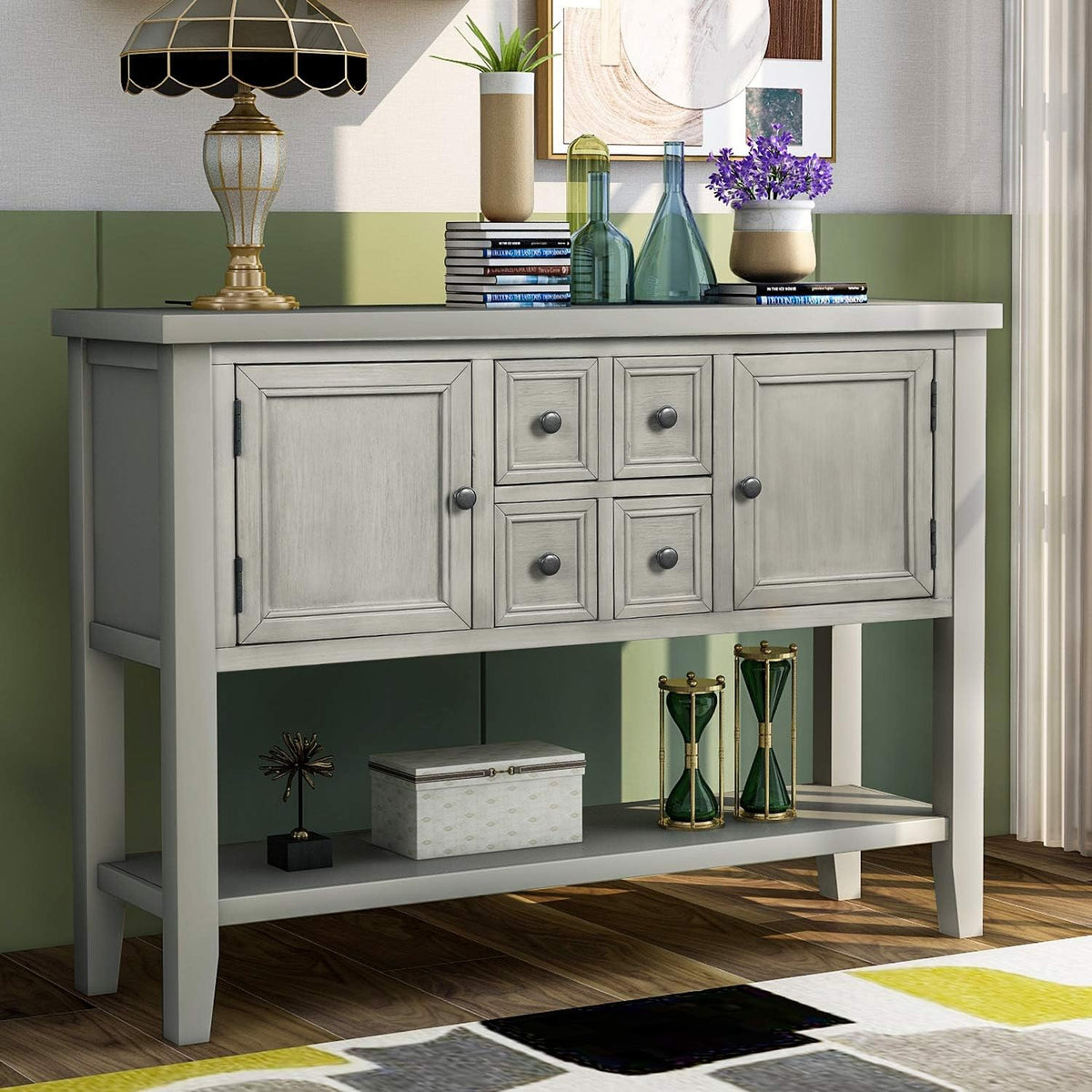 Modern Wooden Console Table with 2 Drawers, 2 Cabinets and 1 Shelf N46713