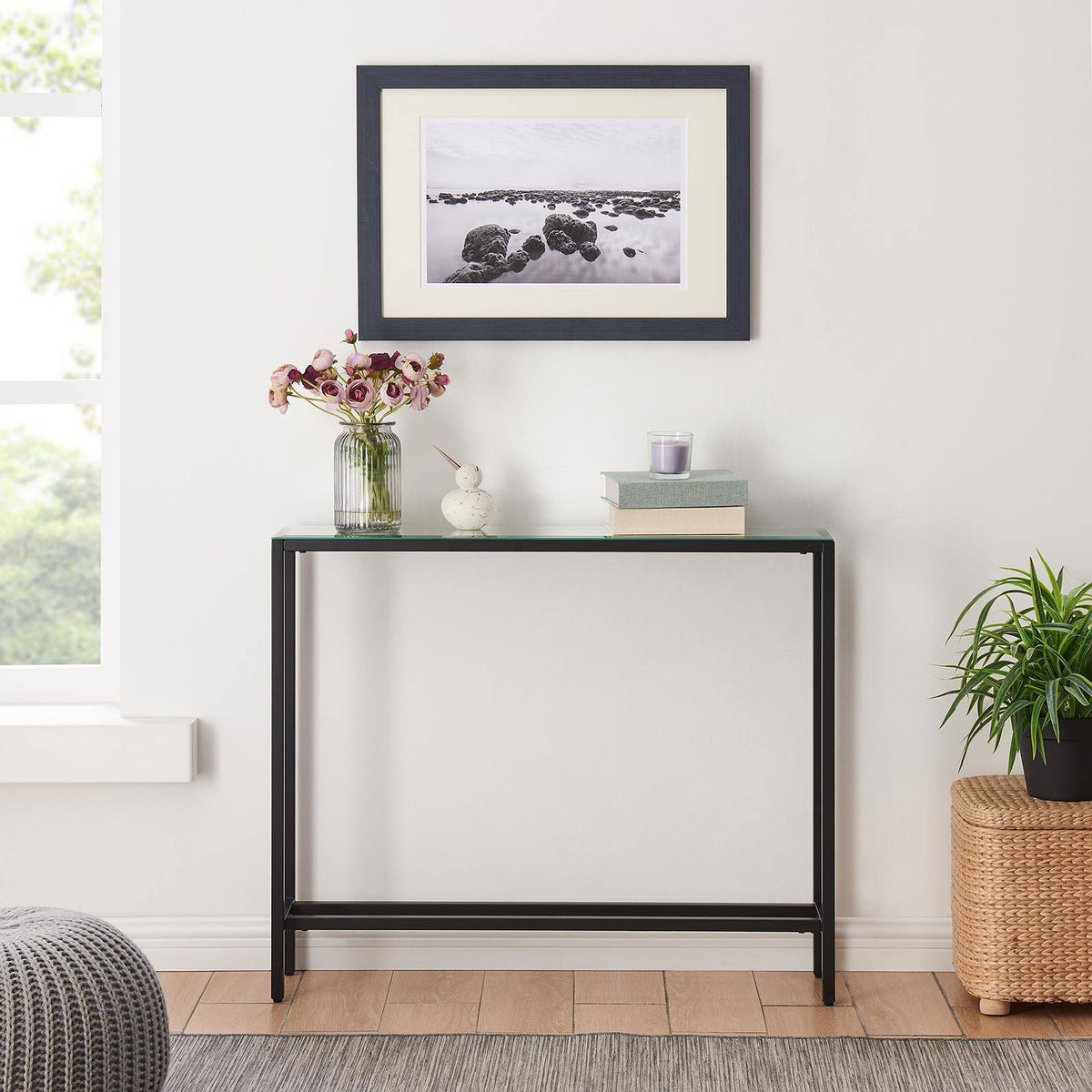 56" Glass Top Console Table in Black W2451