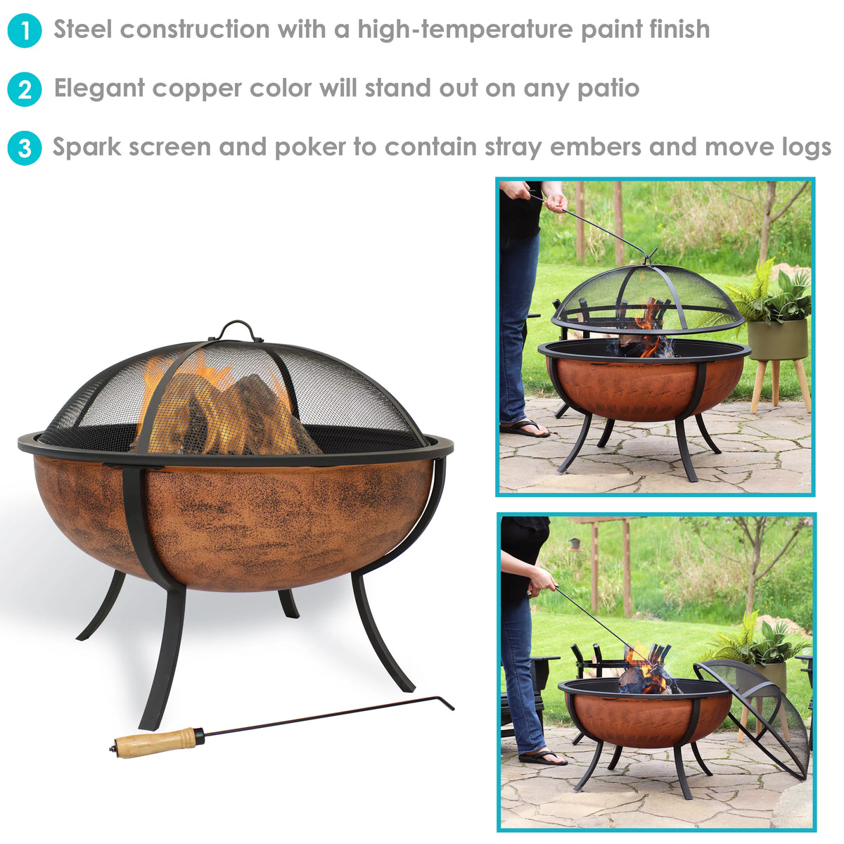 Copper Raised Outdoor Fire Pit Bowl with Spark Screen - 32" O4473