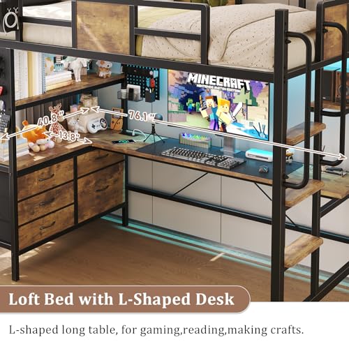 Twin Size Loft Bed with Desk and 5 Storage Drawer Cabinets O430171