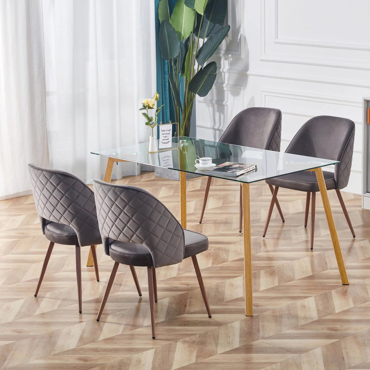 Glass Dining Table Modern Rectangular with Tempered Glass Tabletop and Black Metal Legs Q60635