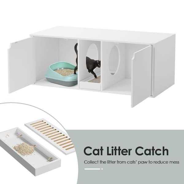 White Wood Side End Table Cat Litter Box with Double Room W128