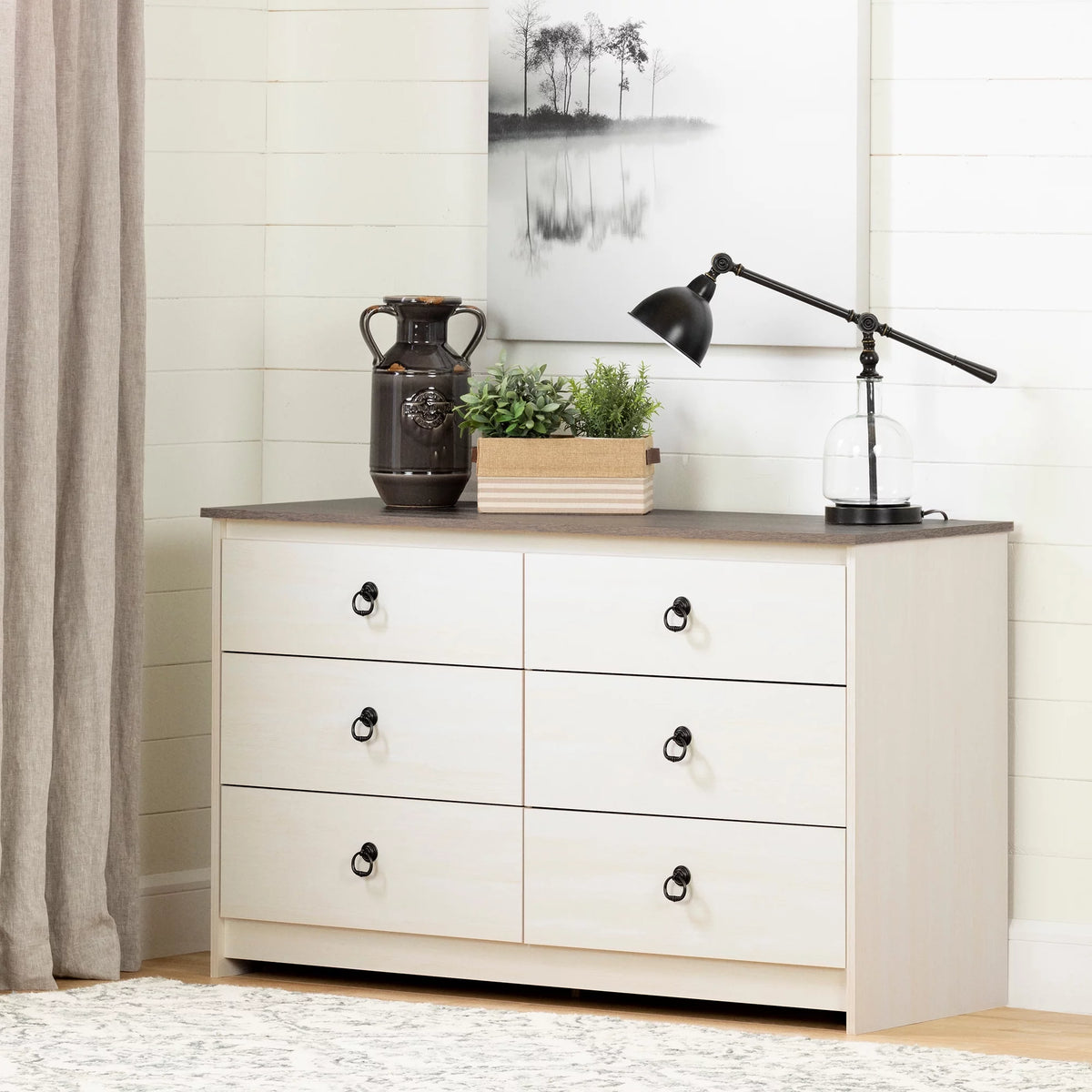 White and Weathered Oak 6 Drawer Double Dresser R2469