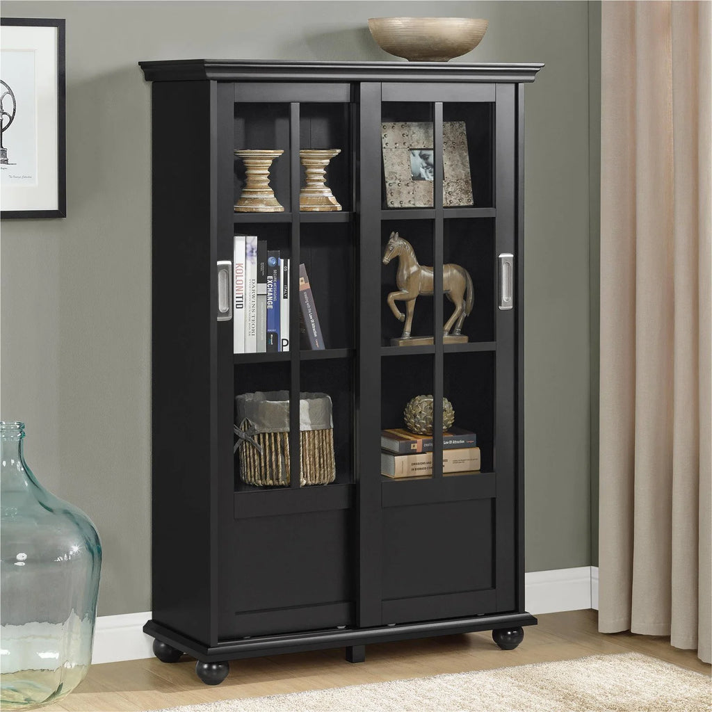 Black Bookcase with Sliding Glass Doors A406