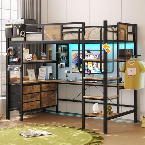 Twin Size Loft Bed with Desk and 5 Storage Drawer Cabinets O430171