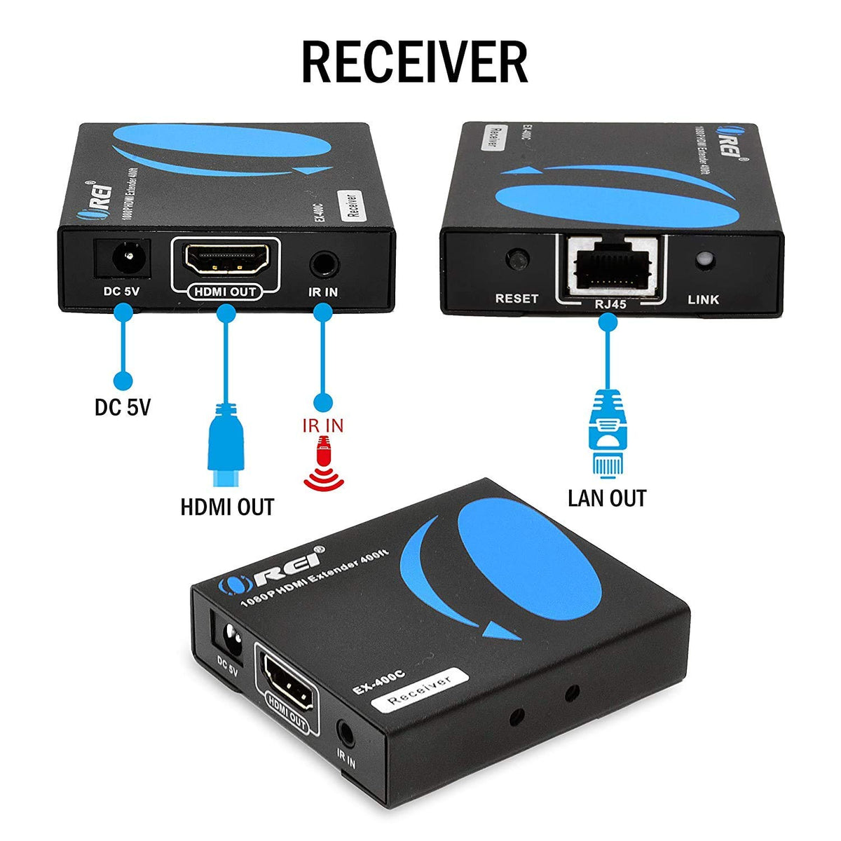 HDMI Extender Over LAN Single CAT5e/CAT6A/CAT7 Cable Uncompressed 1080p 60Hz with IR Up to 400 Ft Transmitter and Receiver W218626