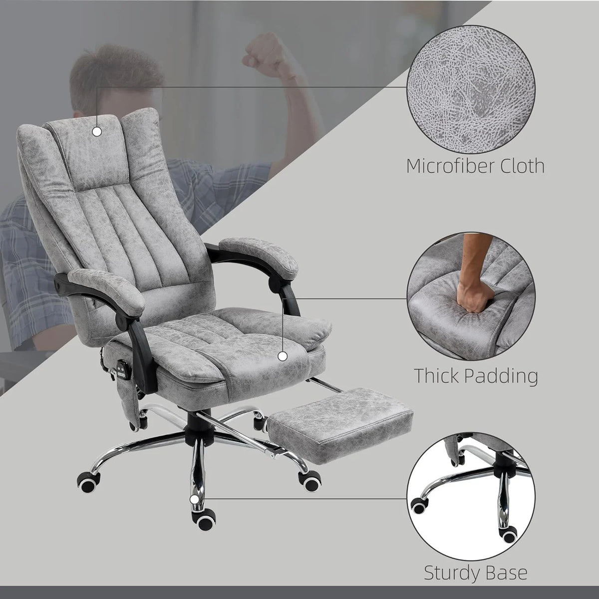Gray Microfiber High Back Office Chair with Massage and Footrest U646279