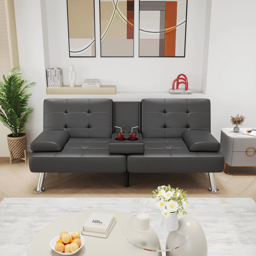Faux Leather Convertible Futon Sofa Bed with 2 Cup Holders P9291