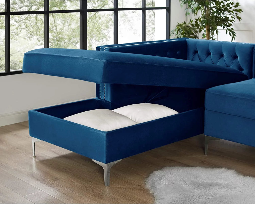 Navy Velvet Left Facing Chaise Sectional Sofa P80049
