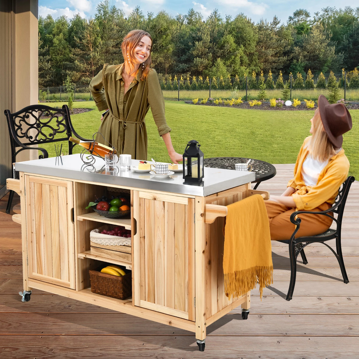 Solid Wood Movable Outdoor Table with Stainless Steel Top W475749