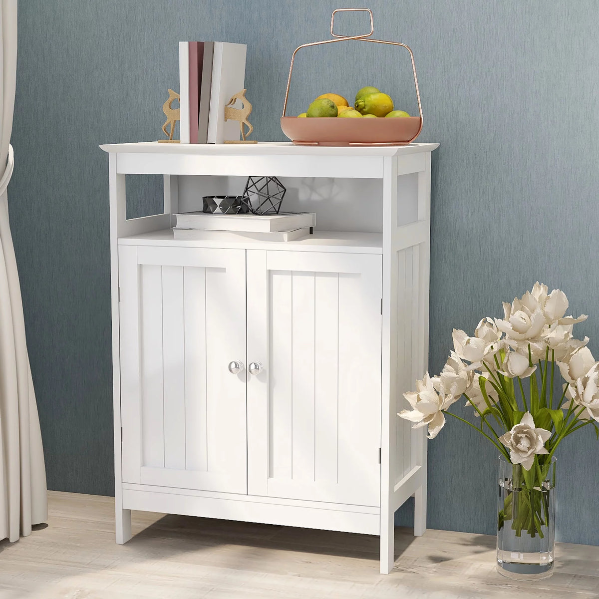 White Kitchen Storage Cabinet with Double Shutter Doors Z715260
