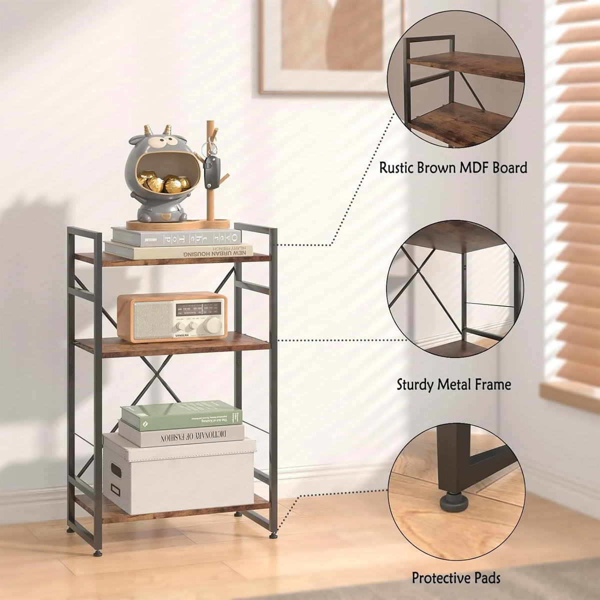 3 Tiers Rustic Brown Wooden Bookshelf N778
