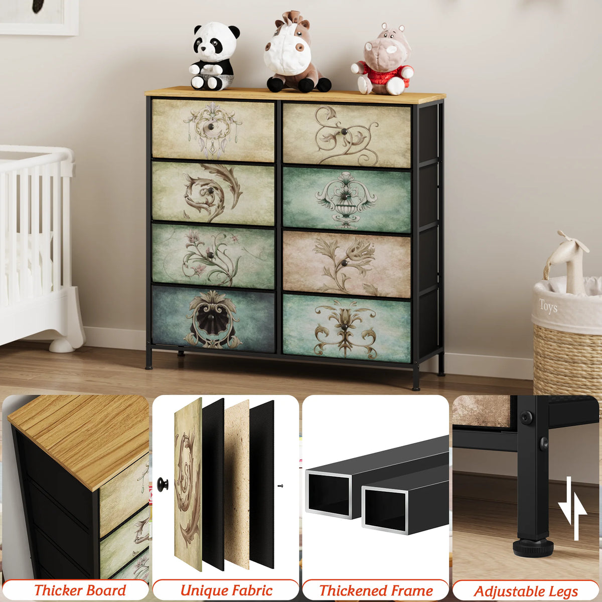9 Drawer Dresser with Steel Frame Wooden Top F889451