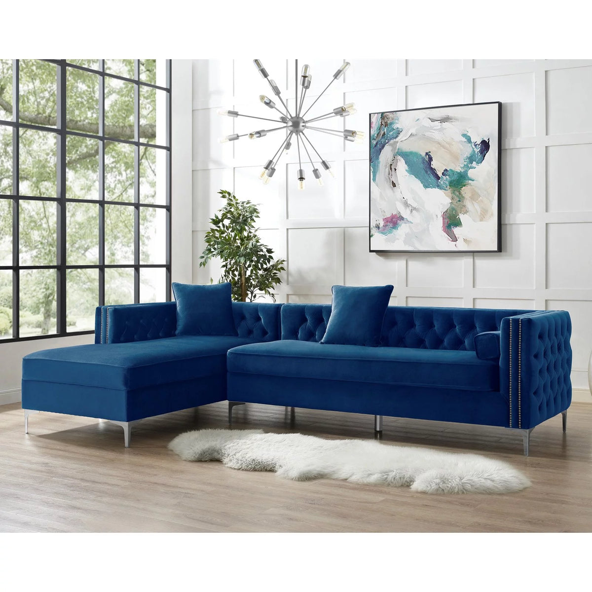 Navy Velvet Left Facing Chaise Sectional Sofa P80049