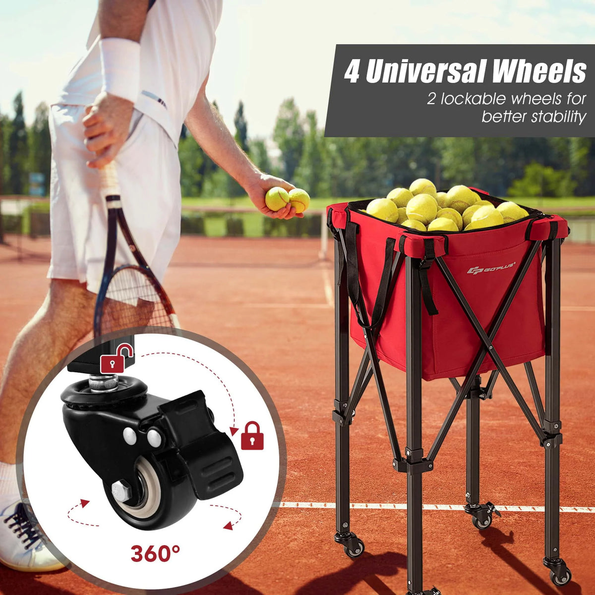 Foldable Tennis Ball Hopper Basket with Wheels & Bag Blue U742