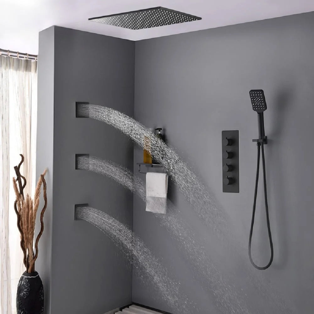 20'' Thermostatic Black Shower System with Hand Shower and 3 Body Jets H74025