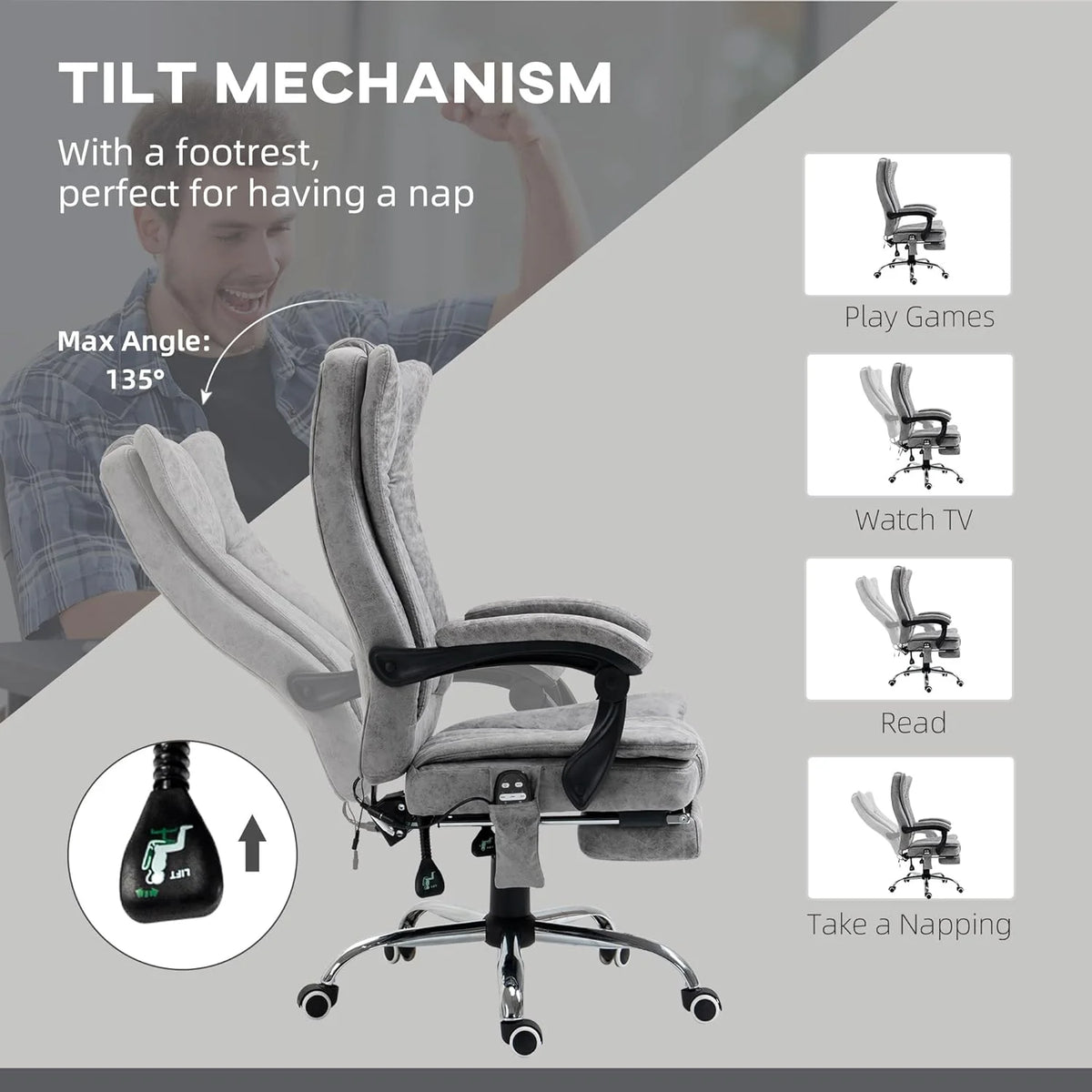 Gray Microfiber High Back Office Chair with Massage and Footrest U646279