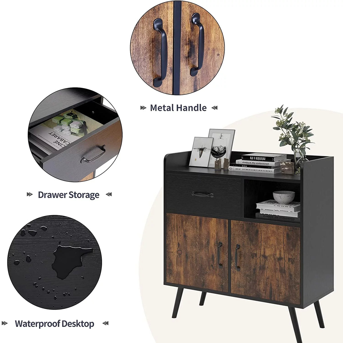 Black and Rustic Brown Wood Storage Cabinet with 1 Drawer K384