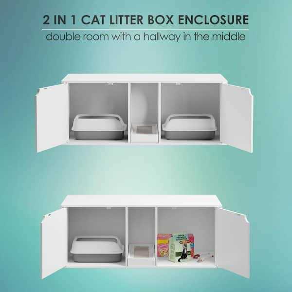 White Wood Side End Table Cat Litter Box with Double Room W128
