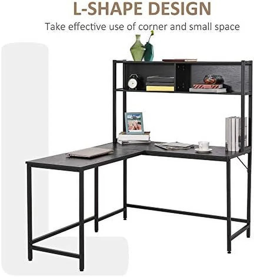 55 Inch L Shaped Computer Desk with Hutch Black R7905