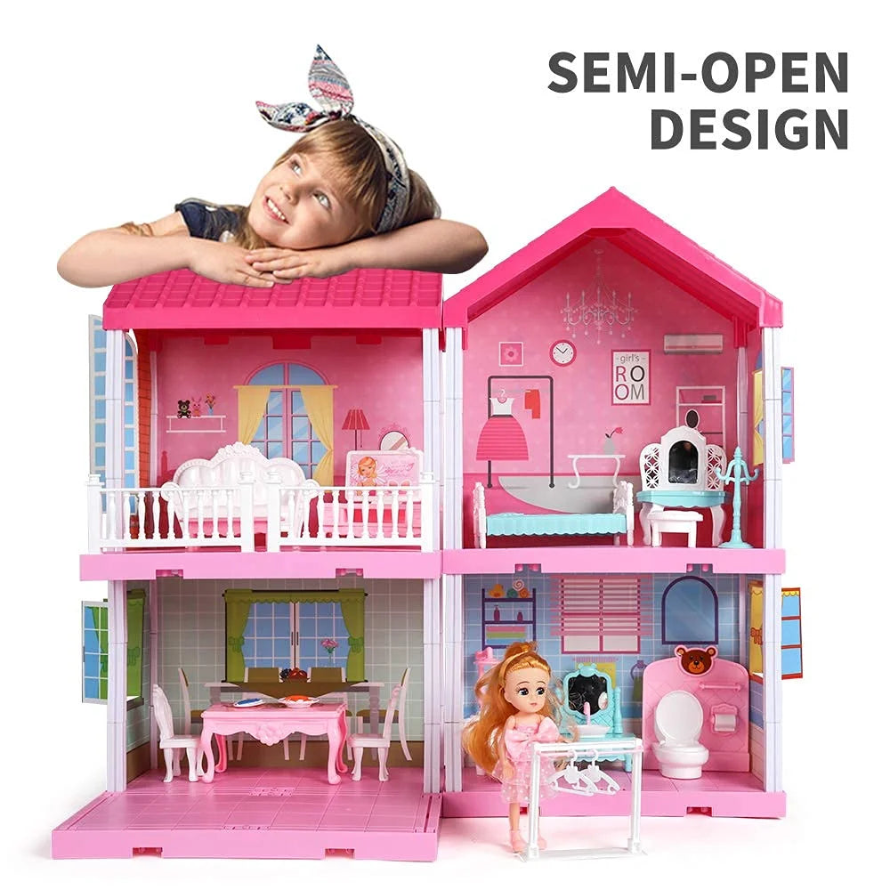 2-Story 4 Rooms Doll House with Furniture and Accessories U5241