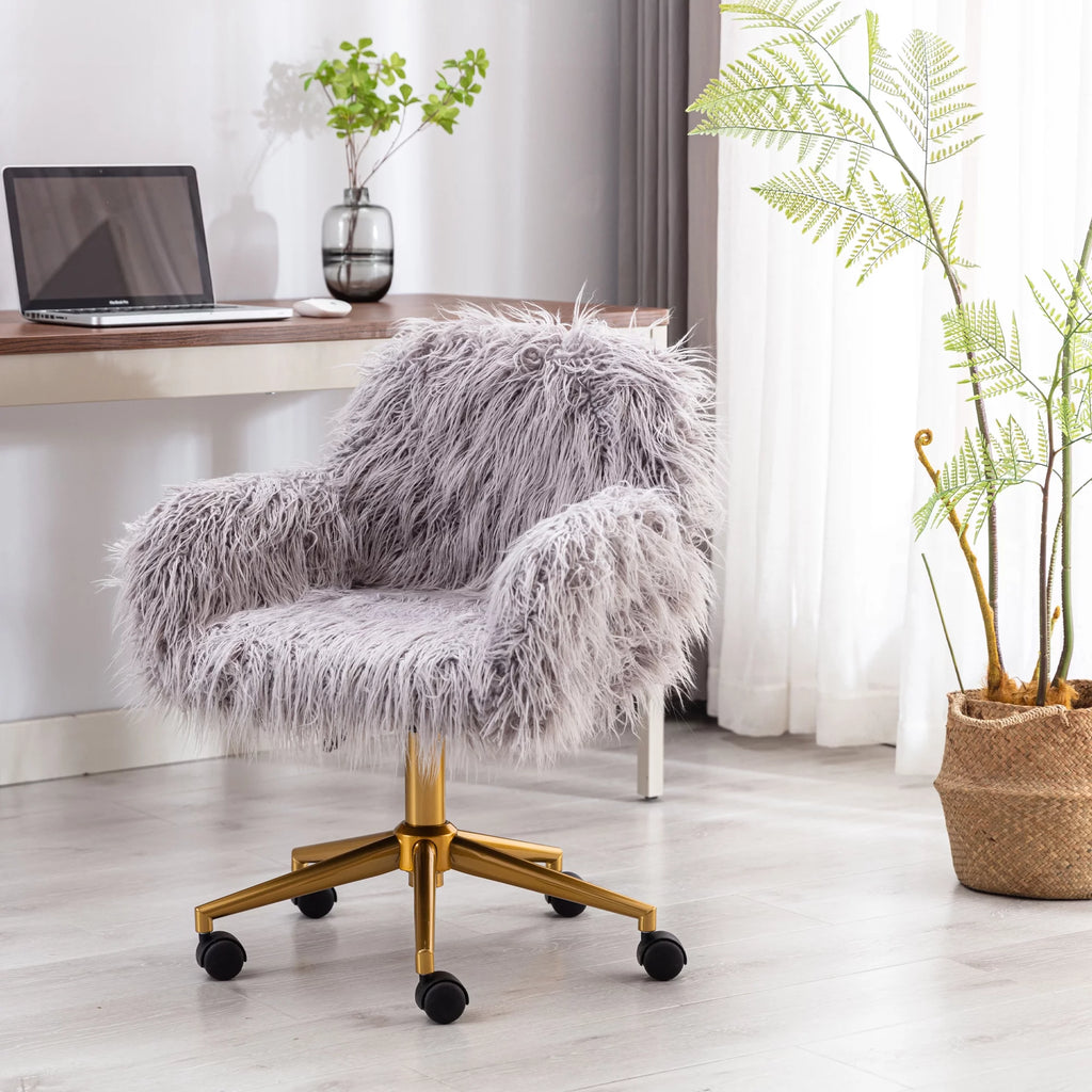 Gray Faux Fur Upholstered Swivel Vanity Chair O4386