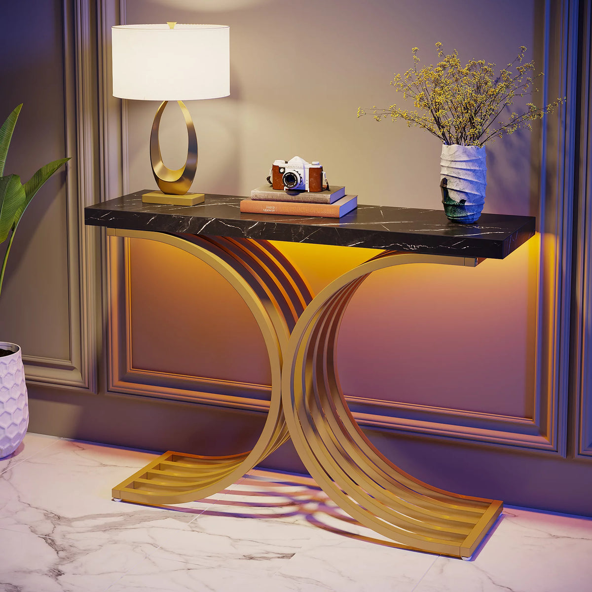 Gold Entryway Console Table with Faux Marble Top C612124