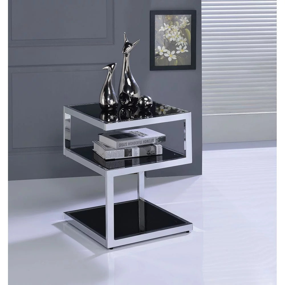 Side Table in Chrome & Black Glass P605
