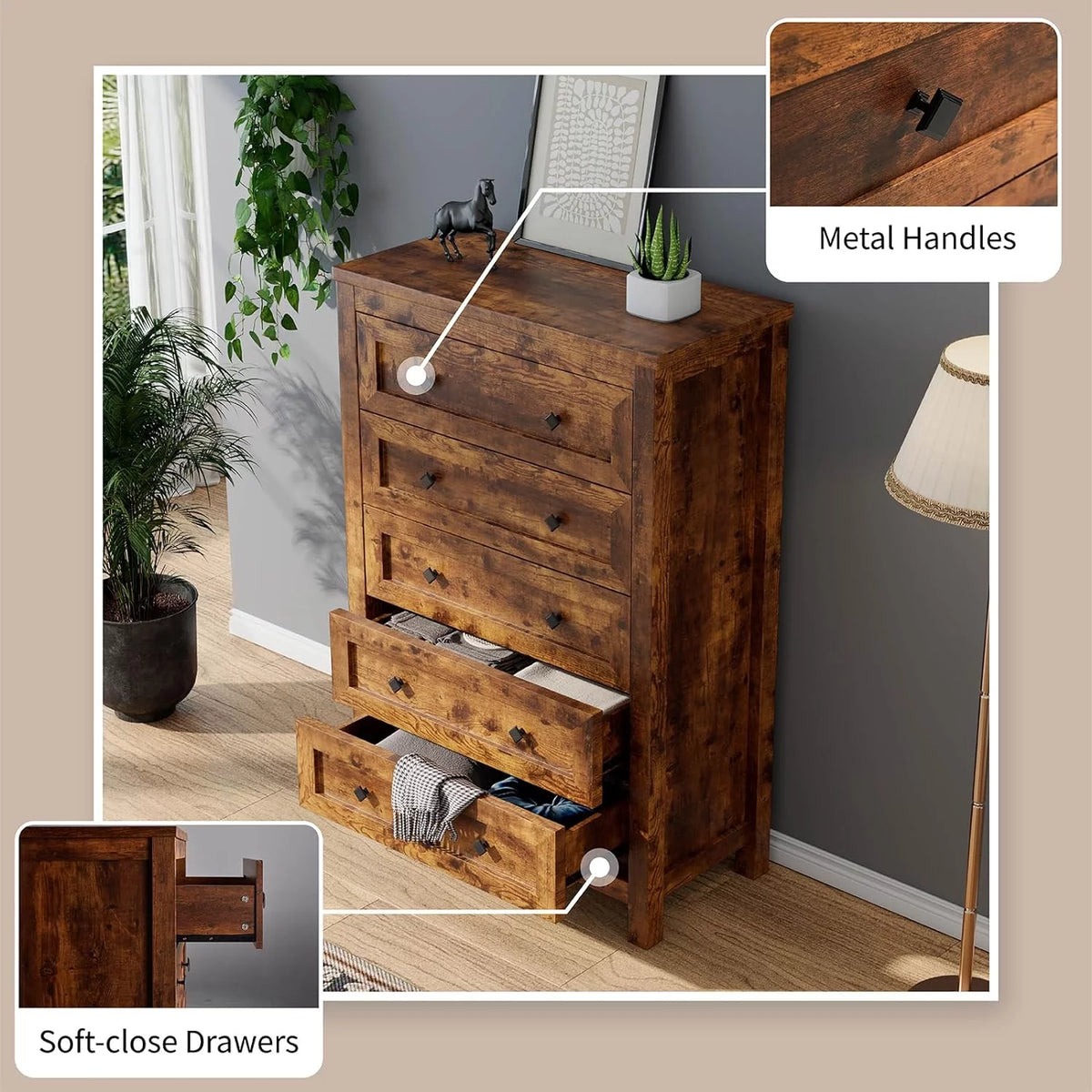 Farmhouse 5 Drawers Wood Dresser S829