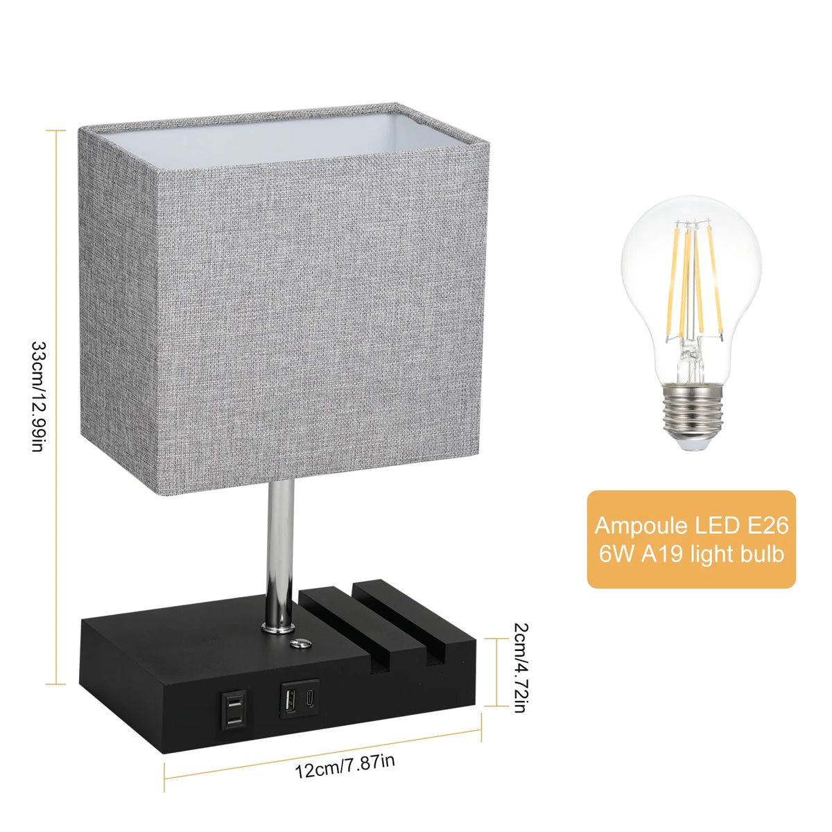 Touch Control Dimmable Bedside Table Lamp with USB C+A Ports and Grey Fabric Shade Z283869