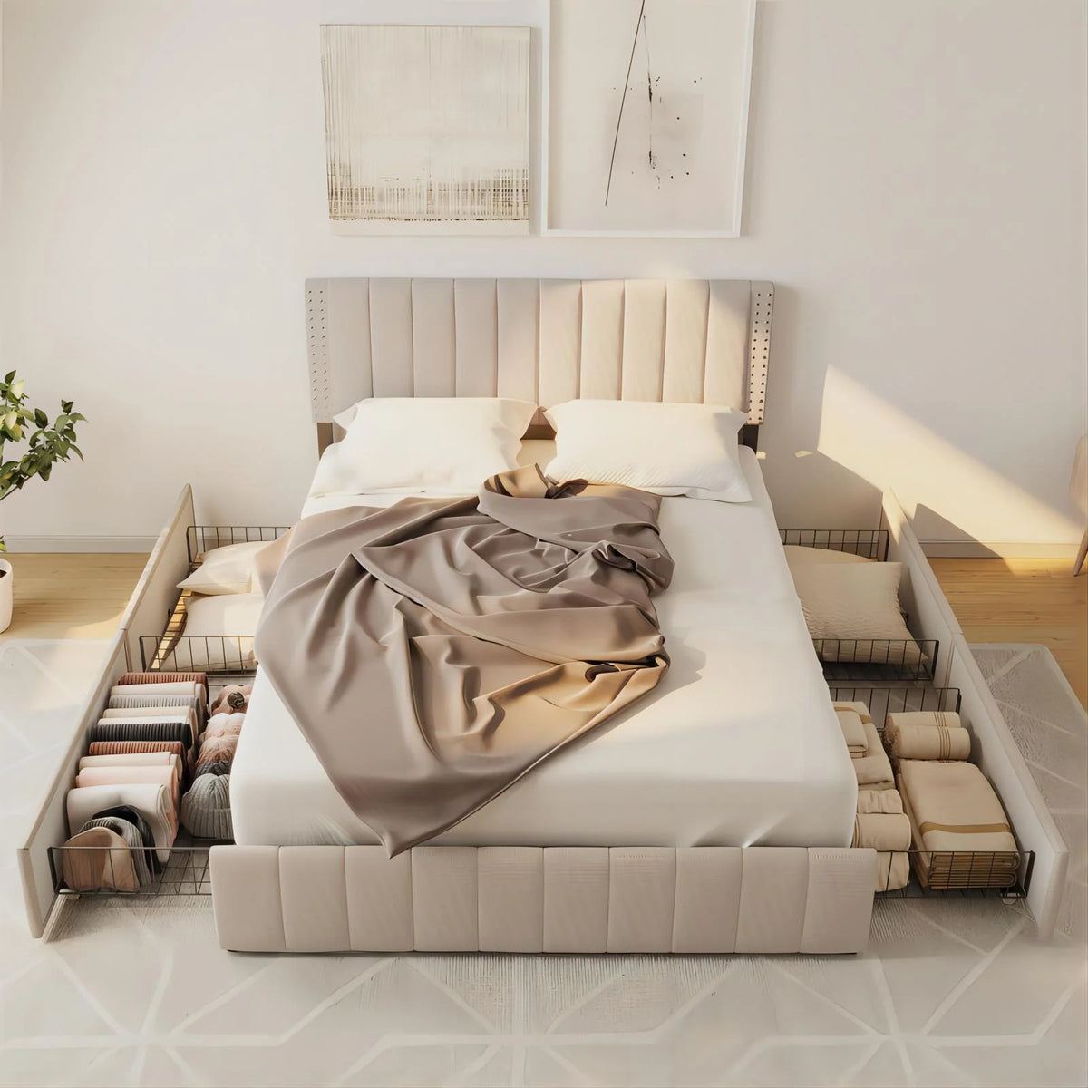 Queen Bed Frame with Adjustable Headboard and 4 Storage Drawers P548