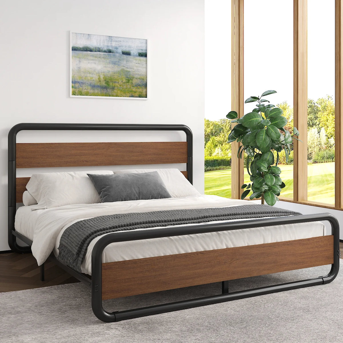 Walnut Queen Size Metal Platform Bed Frame with Wooden Headboard H34926